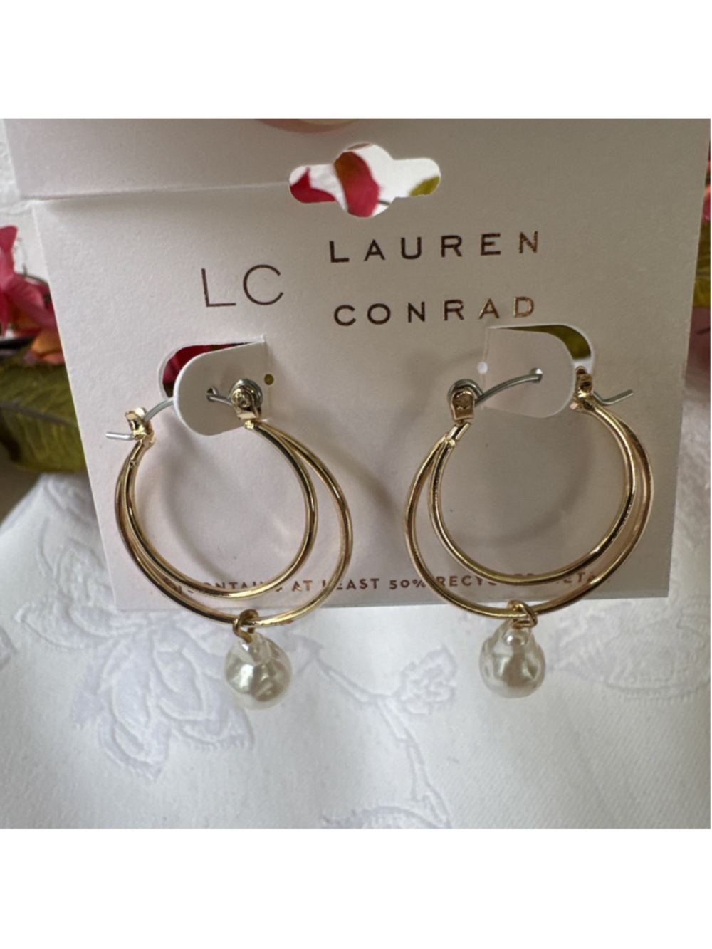 LC Lauren Conrad Thin Double Hoop Earrings Dangle Pearl Gold Tone 1 3/4" NEW